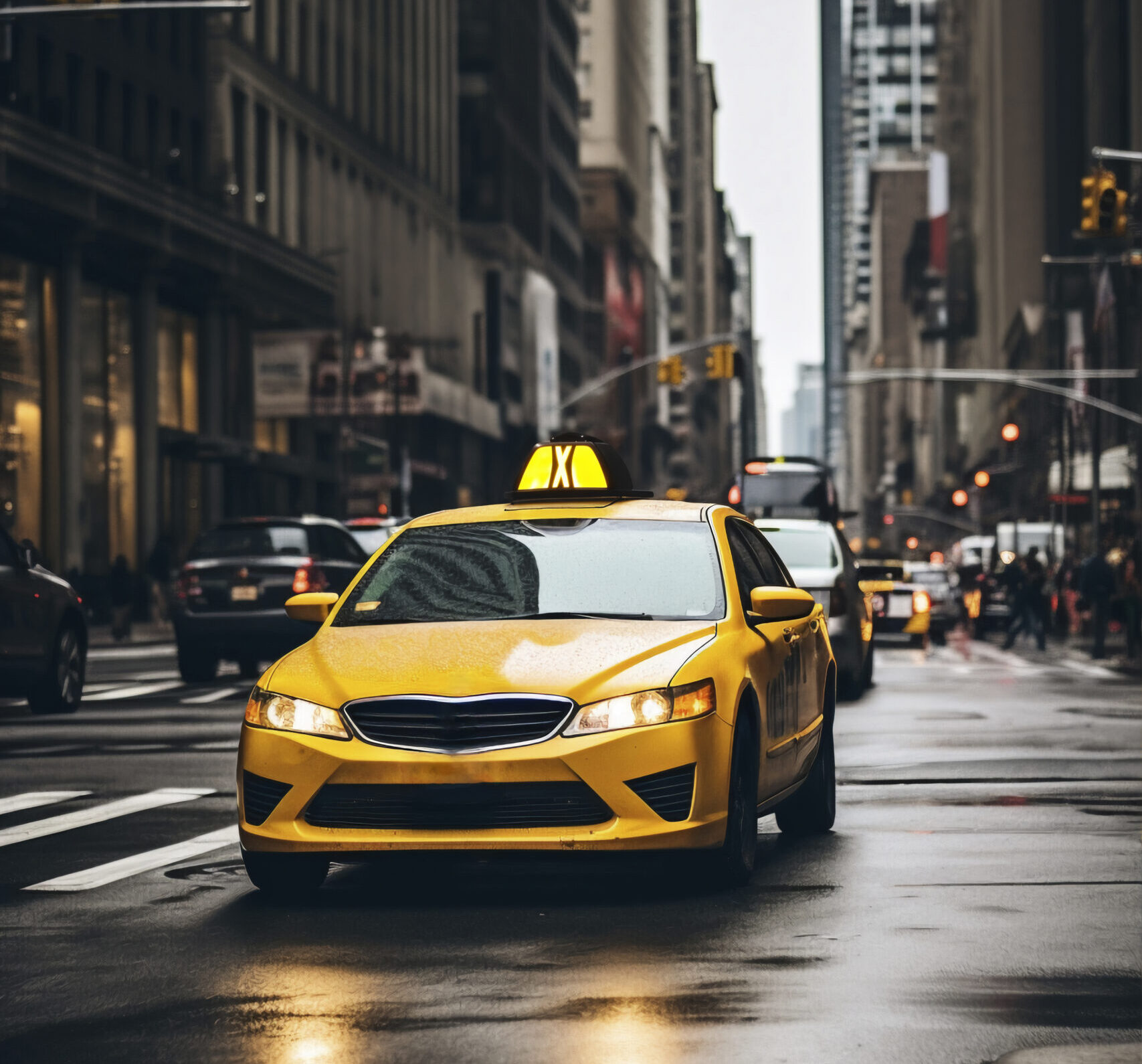 Reliable yellow cab driving through a city street providing simple and convenient stony plain cabs services.